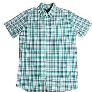 GapKids Boys XXL Short Sleeve Button Up Plaid Shirt‎ Green White Casual